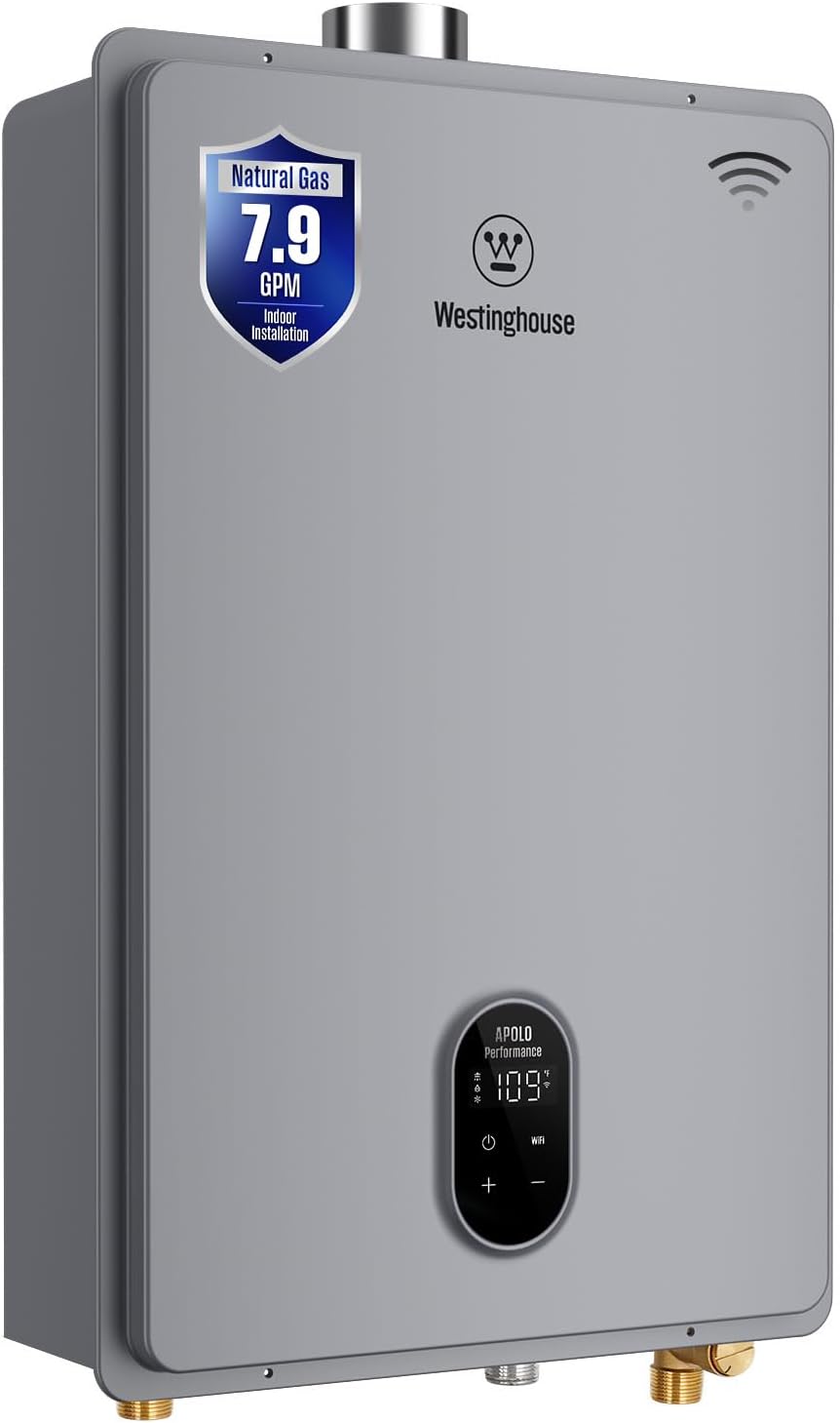 Westinghouse Smart Tankless Water Heater Gas Indoor, 7.9 GPM 180,000 BTU Whole Home Natural Gas Heater, WiFi App Control, ±1°F Temperature Stability, Non-Condensing for 3-5 Fixtures