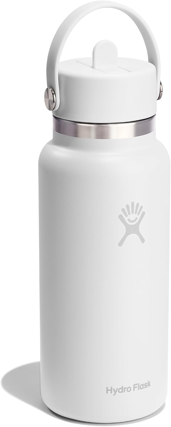 Hydro Flask Water Bottle - Insulated Stainless Steel - Wide Mouth Flex Straw Lid, Non Spill, Leakproof and Refillable in 32 Oz Tonal White