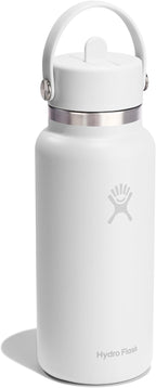 Hydro Flask Water Bottle - Insulated Stainless Steel - Wide Mouth Flex Straw Lid, Non Spill, Leakproof and Refillable in 32 Oz Tonal White