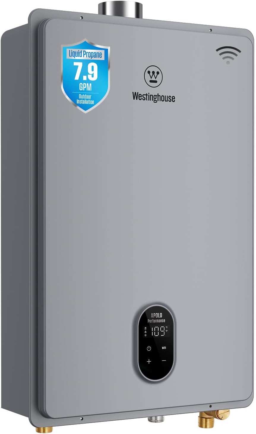 Westinghouse Smart Tankless Water Heater Propane Indoor, 7.9 GPM 180,000 BTU, WiFi App Control, ±1°F Temp Stability, Non-Condensing Whole Home Instant Hot Water Heater for 3-5 Fixtures