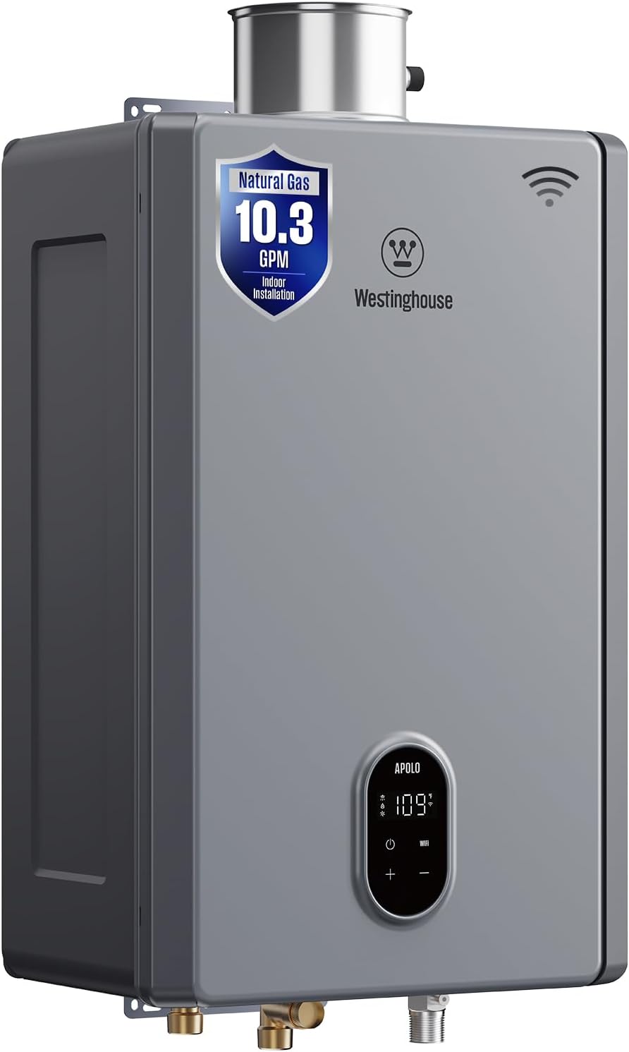 Westinghouse Smart Tankless Water Heater Gas Indoor, 10.3 GPM 199,000 BTU Natural Gas Whole House Instant Hot Water Heater, WiFi App & Voice Control, High Efficiency, Non-Condensing for 7 Fixtures