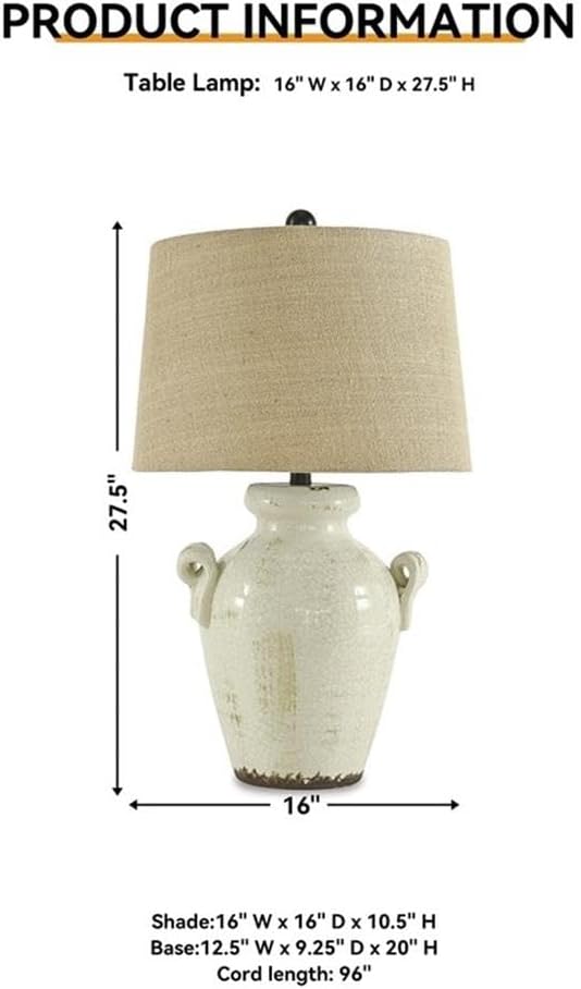 Signature Design by Ashley Emelda Casual Farmhouse Ceramic Table Lamp with Fabric Modified Drum Shade and 3-Way Switch, 27.25', Cream Glaze Crackle Finish