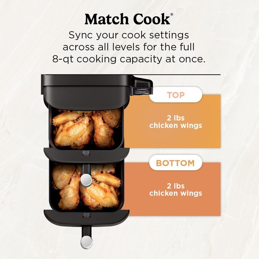 Ninja Air Fryer, 8 QT DoubleStack 2-Basket, Space Saving Design, Cooks 2lb Chicken Wings, Feeds up to 6 People, 6-in1 Air Fryer, Roast, Bake & More, Easy to Clean, Dishwasher Safe Parts, Black, SL201