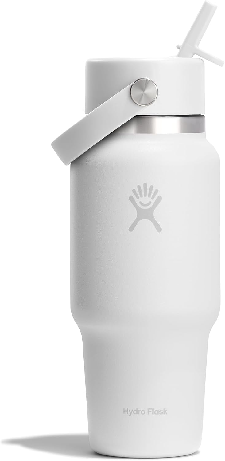 Hydro Flask Travel Water Bottle - Insulated Stainless Steel - Wide Straw Lid, Non Spill, Leakproof in 24 Oz Tonal White