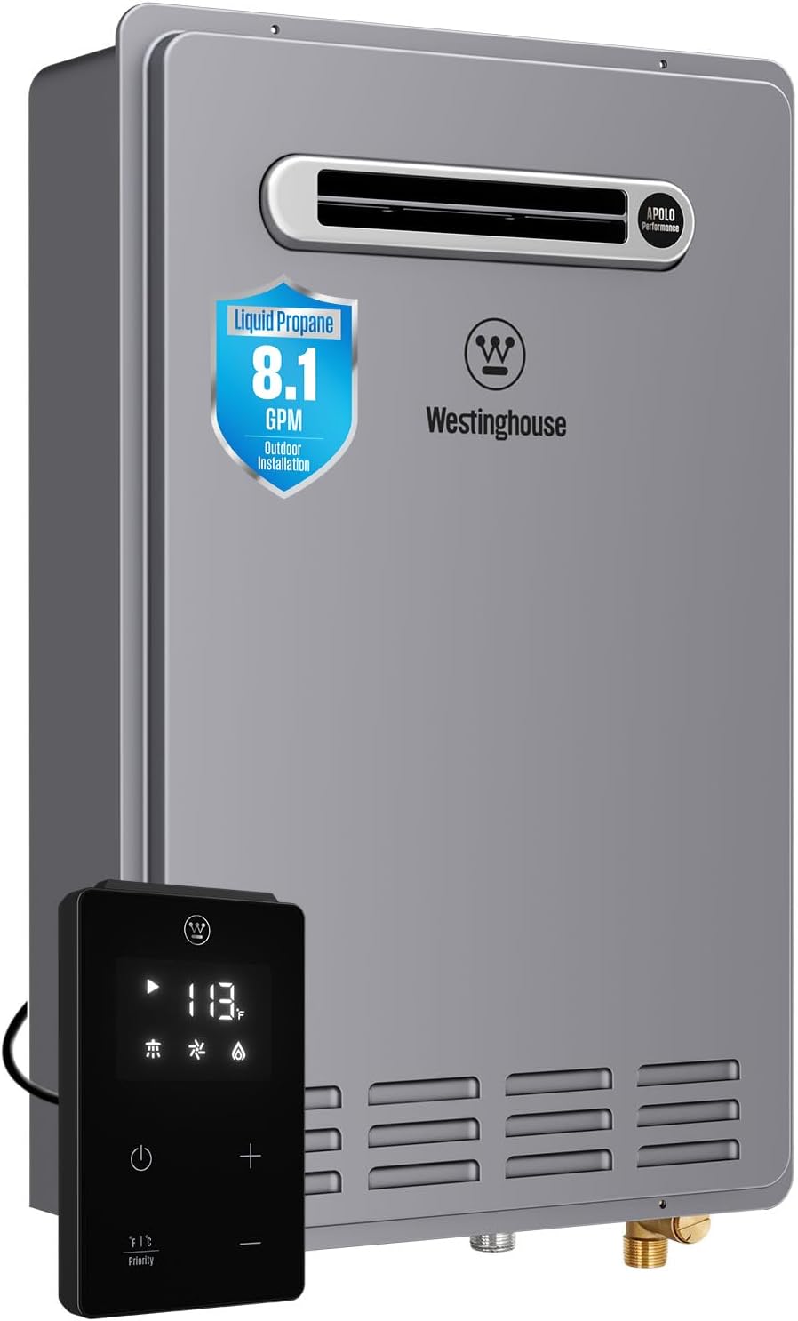 Westinghouse Propane Tankless Water Heater Outdoor, 8.1 GPM 180,000 BTU Whole House Instant Hot Water Heater, ±1°F Temp Stability, Non-Condensing on Demand High Efficiency for 3-5 Fixtures, LPG, 26L