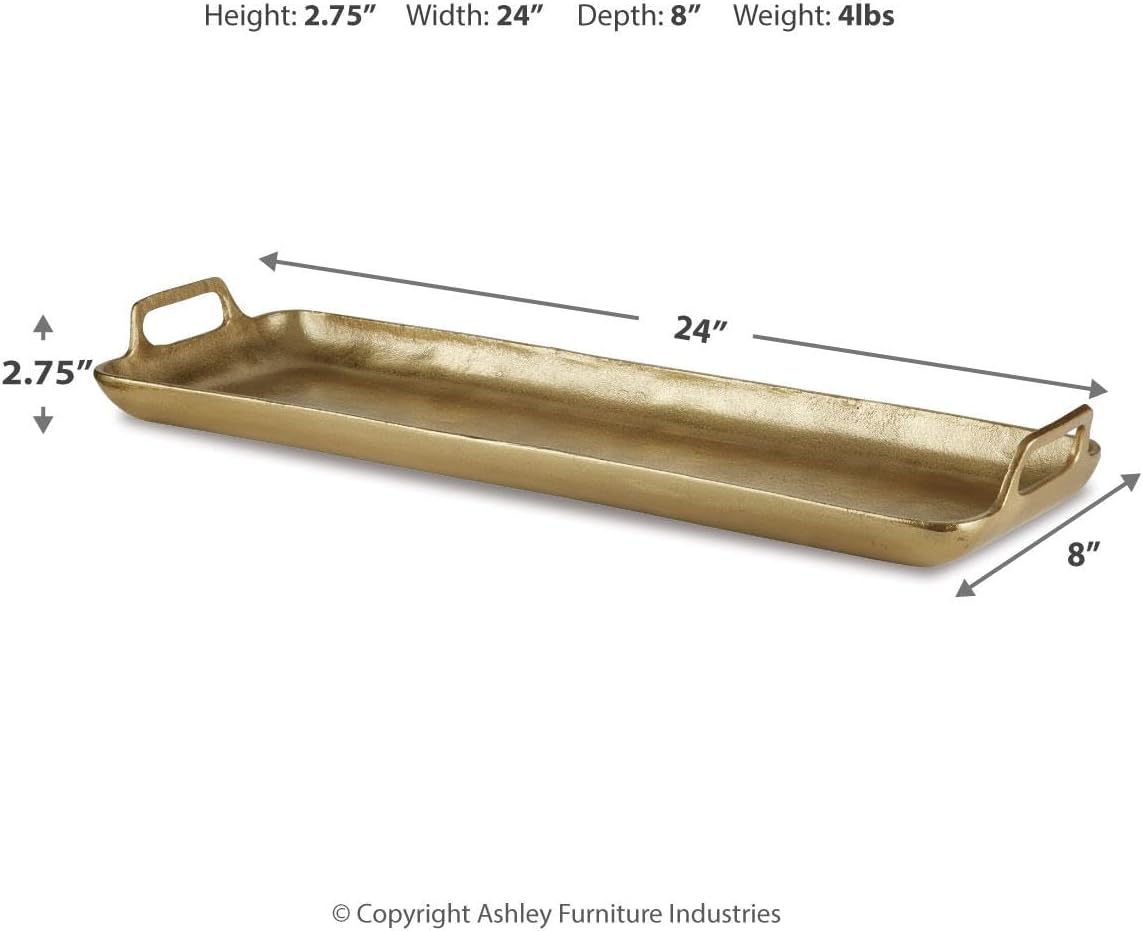 Signature Design by Ashley Posy Contemporary Decorative Metal Serving Tray with Handles, Display Only, Not Food Safe, Cast Aluminum, 24" Length, Gold Finish