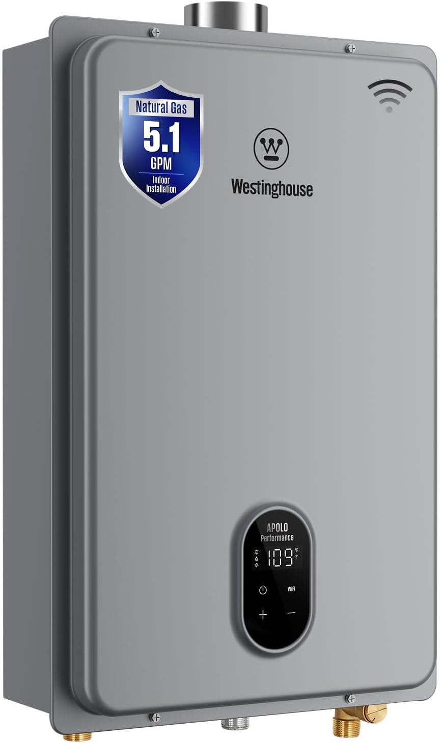 Westinghouse Tankless Water Heater Gas, 5.1 GPM 120,000 BTU Indoor Natural Gas Heater Whole House, Smart WiFi&App Control, CSA Certified, ±1°F Temperature Stability, Non-Condensing for 2-4 Fixtures