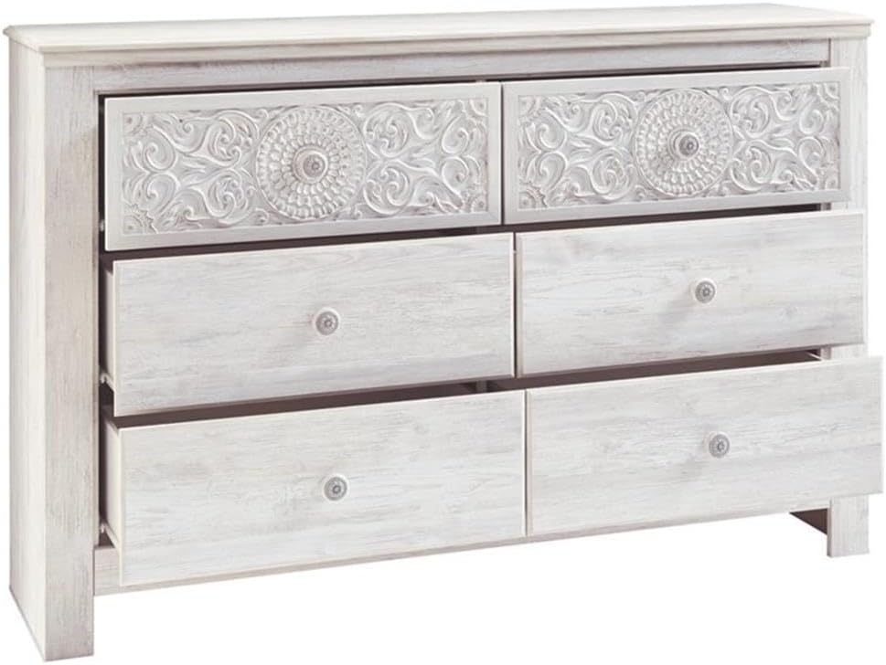 Signature Design by Ashley Paxberry 6 Drawer Dresser, Arrives Pre-Assembled, Engineered Wood and Decorative Laminate, Boho Chest of Drawers for Bedroom, Whitewash, 62"W x 16"D x 40"H