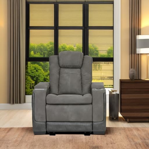 Signature Design by Ashley Next-Gen DuraPella Power Recliner with Adjustable Headrest, Storage Armrests, Wireless & USB Charging, Faux Leather, 2-Tone Gray