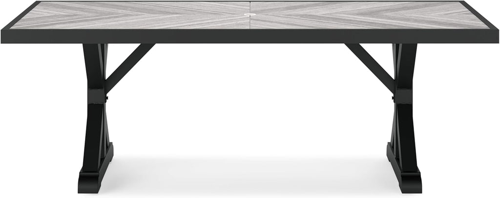 Signature Design by Ashley Beachcroft Outdoor Dining Table, Rust-Resistant Farmhouse Design with Porcelain Tabletop and Umbrella Hole, for Patio Entertaining, Black/Light Gray, 84-Inch