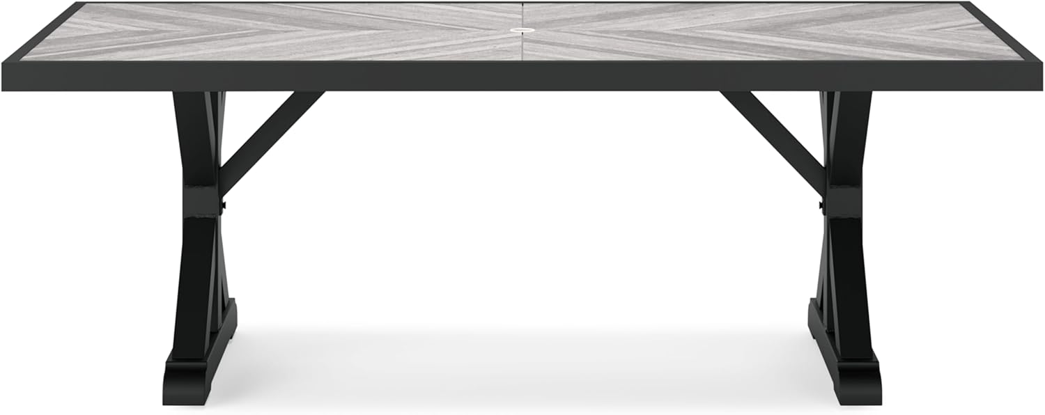 Signature Design by Ashley Beachcroft Outdoor Dining Table, Rust-Resistant Farmhouse Design with Porcelain Tabletop and Umbrella Hole, for Patio Entertaining, Black/Light Gray, 84-Inch