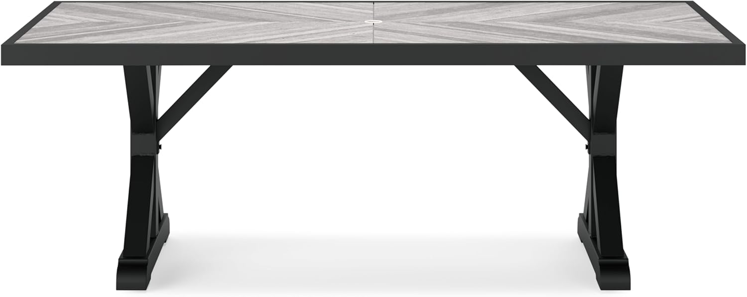 Signature Design by Ashley Beachcroft Outdoor Dining Table, Rust-Resistant Farmhouse Design with Porcelain Tabletop and Umbrella Hole, for Patio Entertaining, Black/Light Gray, 84-Inch