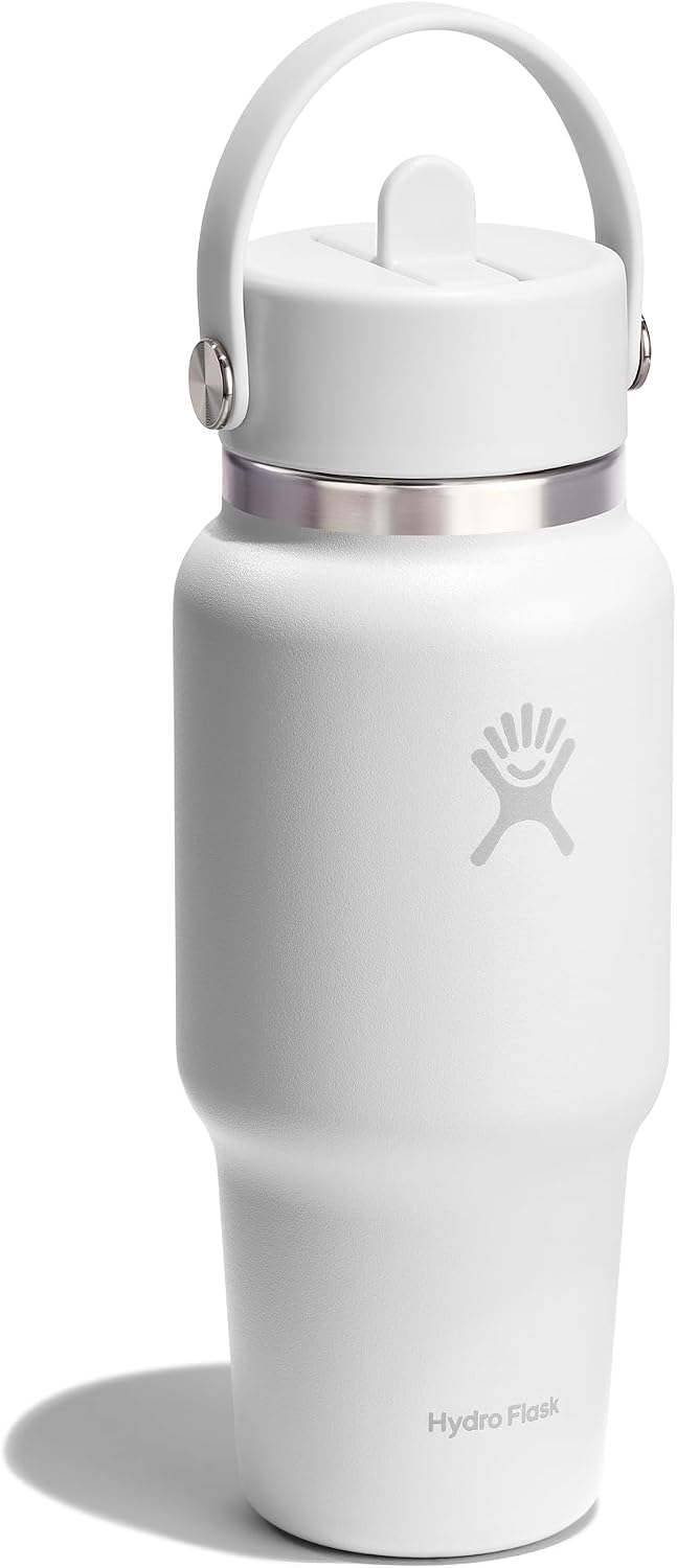 Hydro Flask Travel Water Bottle - Insulated Stainless Steel - Wide Straw Lid, Non Spill, Leakproof in 24 Oz Tonal White