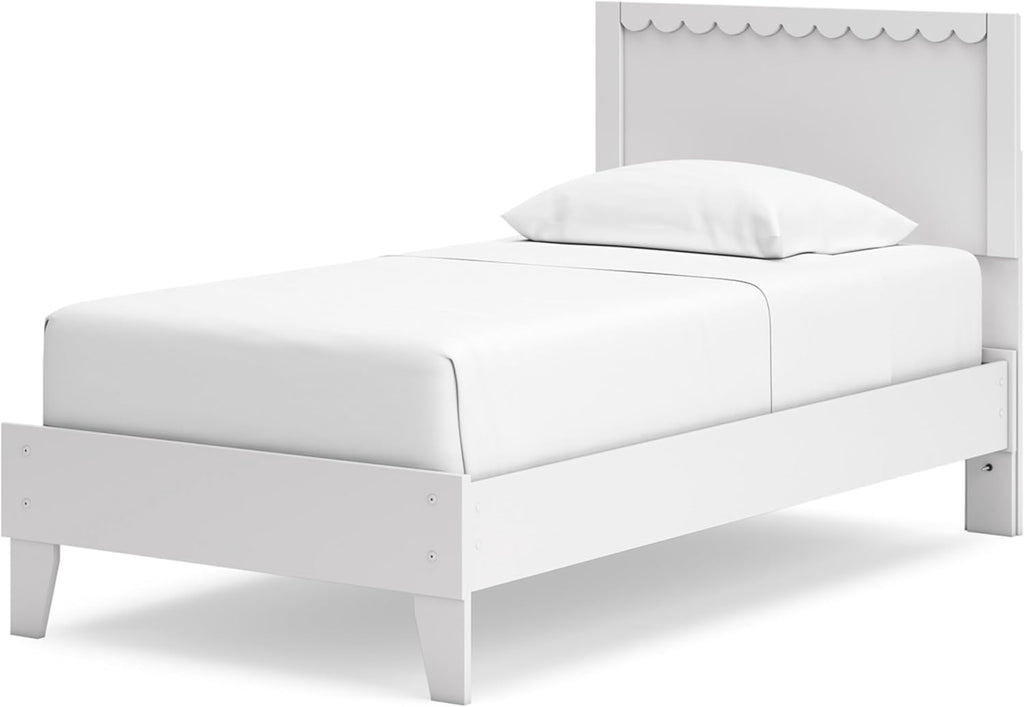 Signature Design by Ashley Hallityn Twin Panel Platform Bed, Casual Scalloped Bed Frame, Engineered Wood, for Kids and Youth Bedrooms, Matte White