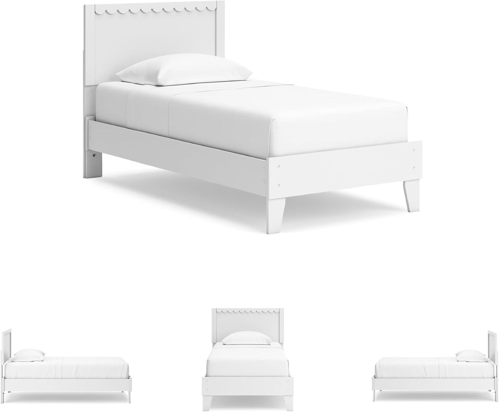 Signature Design by Ashley Hallityn Twin Panel Platform Bed, Casual Scalloped Bed Frame, Engineered Wood, for Kids and Youth Bedrooms, Matte White