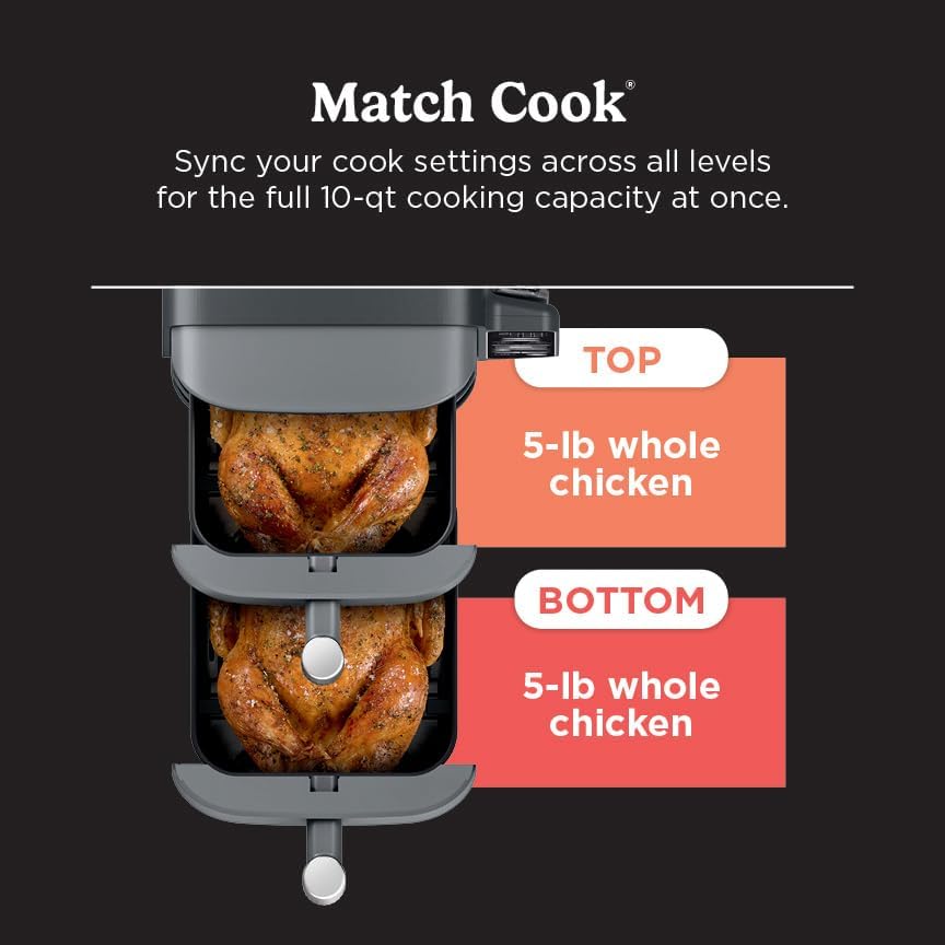 Ninja DoubleStack XL Smart Air Fryer, 2-Basket, 10 QT, 6-in-1, DoubleStack Technology Cooks 4 Foods at Once, Space Saving Design, Air Fry, Broil, Bake SL451