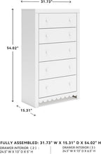 Signature Design by Ashley Mollviney White Coastal Dresser, Tall 5 Drawer Chest, Scalloped Girls Dresser, Engineered Wood and Laminate Bedroom Storage, Matte White, 32" W x 55" H