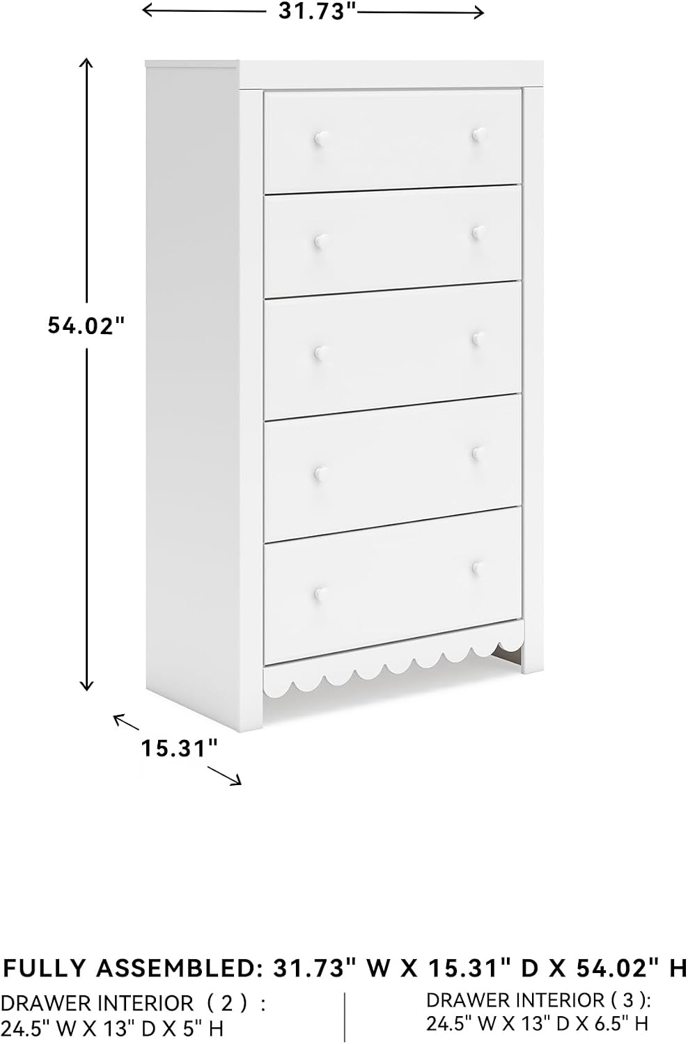 Signature Design by Ashley Mollviney White Coastal Dresser, Tall 5 Drawer Chest, Scalloped Girls Dresser, Engineered Wood and Laminate Bedroom Storage, Matte White, 32" W x 55" H
