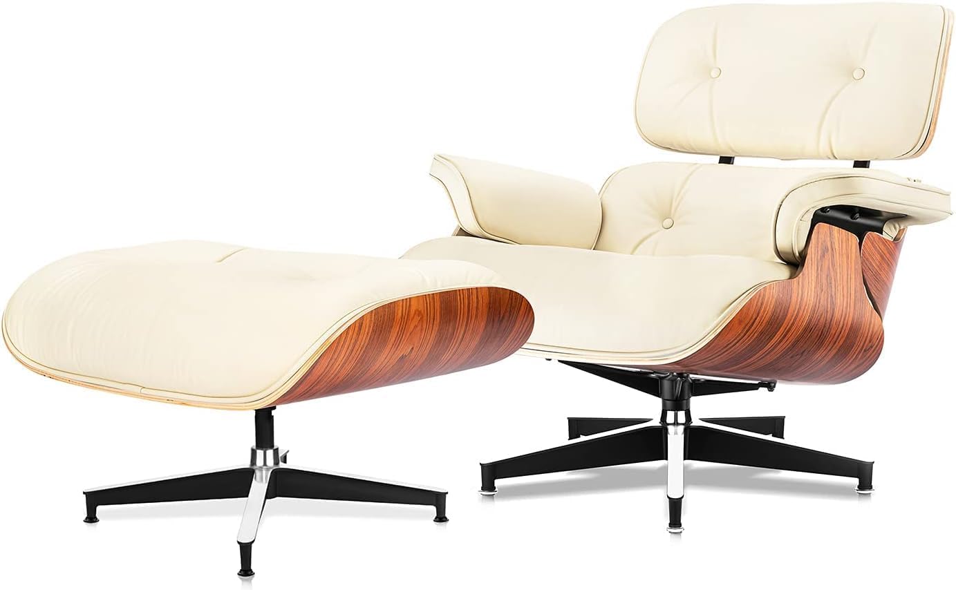 Luxury Top Black Grain Leather Mid Century Chaise Lounge Chair with Ottoman, Premium Handcrafted Walnut Wood, Ergonomic Modern Accent Chair for Living Room Office