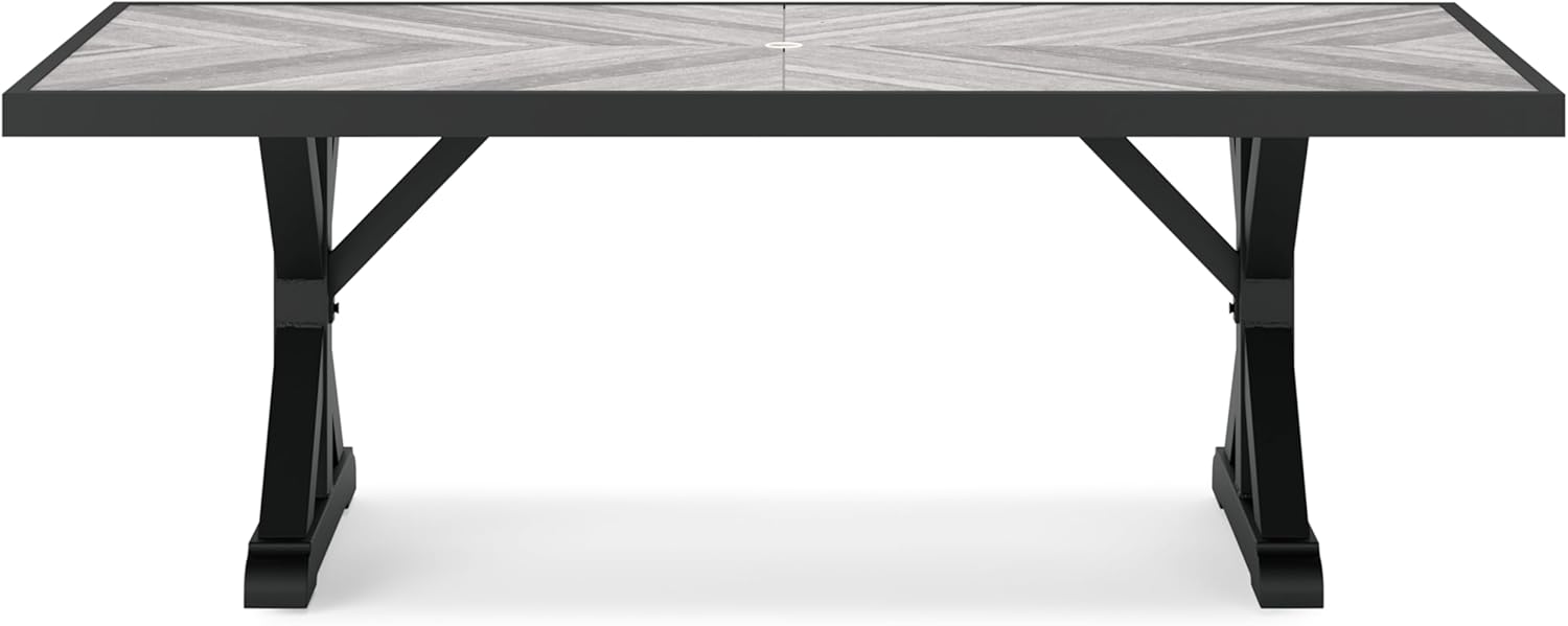 Signature Design by Ashley Beachcroft Outdoor Dining Table, Rust-Resistant Farmhouse Design with Porcelain Tabletop and Umbrella Hole, for Patio Entertaining, Black/Light Gray, 84-Inch