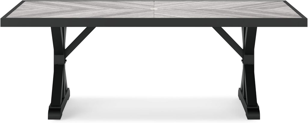 Signature Design by Ashley Beachcroft Outdoor Dining Table, Rust-Resistant Farmhouse Design with Porcelain Tabletop and Umbrella Hole, for Patio Entertaining, Black/Light Gray, 84-Inch