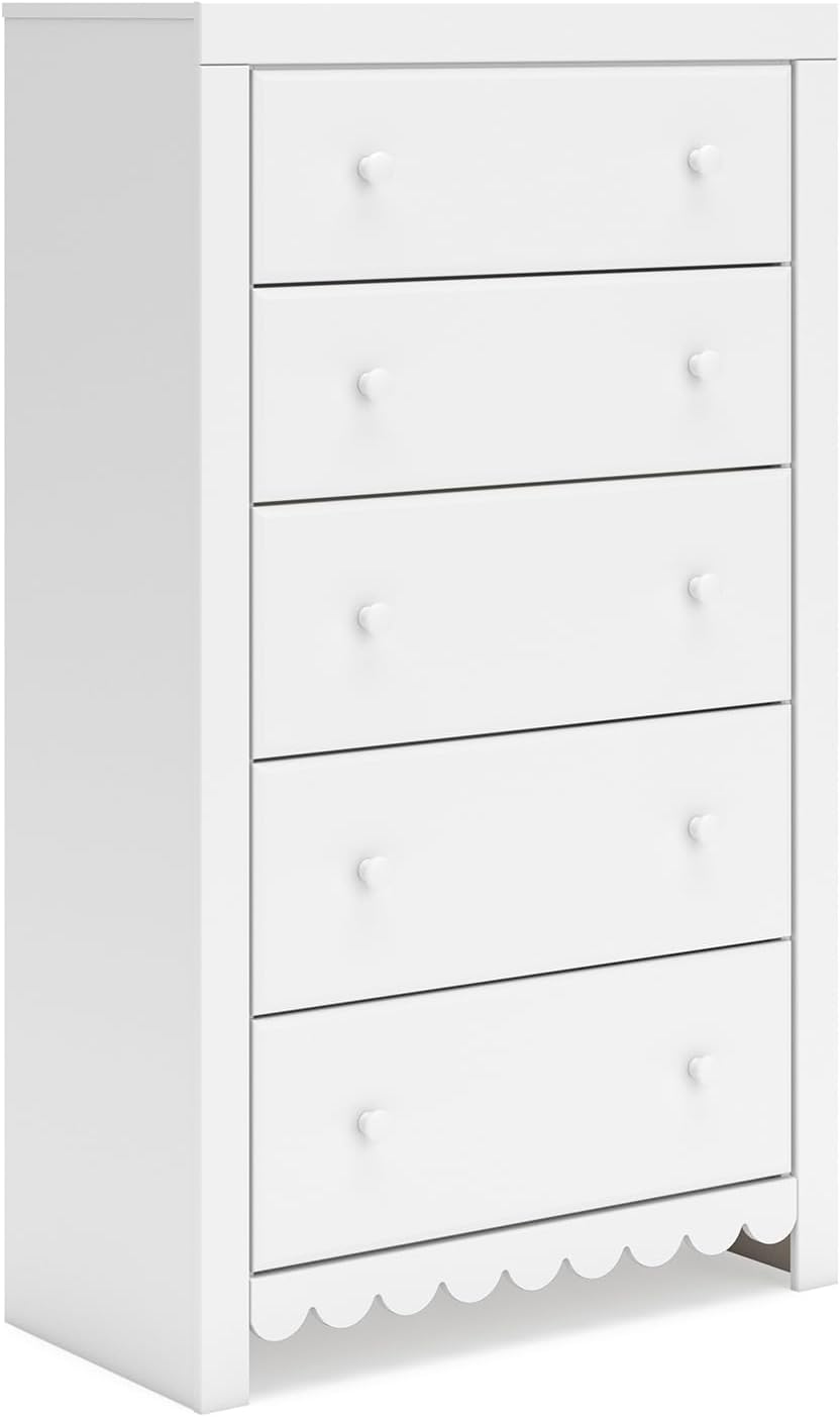 Signature Design by Ashley Mollviney White Coastal Dresser, Tall 5 Drawer Chest, Scalloped Girls Dresser, Engineered Wood and Laminate Bedroom Storage, Matte White, 32" W x 55" H