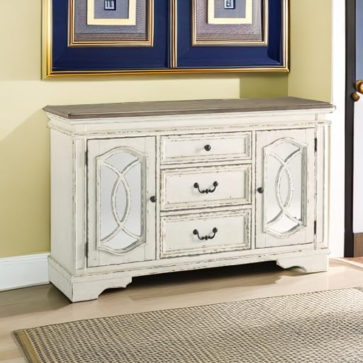 Signature Design by Ashley Realyn French Country Distressed Dining Room Server, 3 Drawers, 2 Cabinet Doors, Wood, 59" W x 17" D x 36.5" H, Chipped White