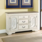 Signature Design by Ashley Realyn French Country Distressed Dining Room Server, 3 Drawers, 2 Cabinet Doors, Wood, 59" W x 17" D x 36.5" H, Chipped White
