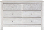 Signature Design by Ashley Paxberry 6 Drawer Dresser, Arrives Pre-Assembled, Engineered Wood and Decorative Laminate, Boho Chest of Drawers for Bedroom, Whitewash, 62"W x 16"D x 40"H