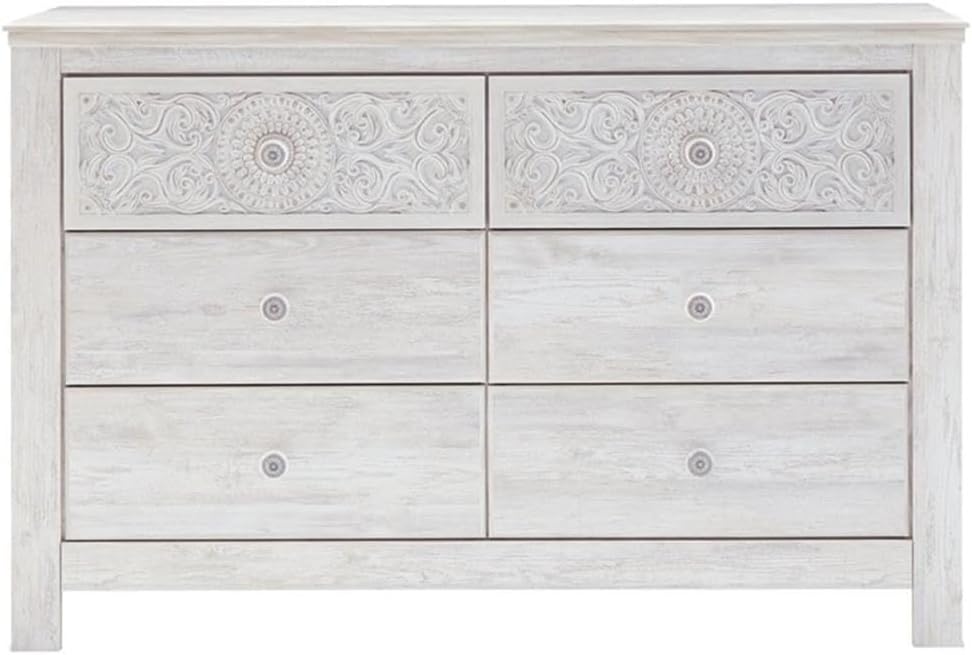 Signature Design by Ashley Paxberry 6 Drawer Dresser, Arrives Pre-Assembled, Engineered Wood and Decorative Laminate, Boho Chest of Drawers for Bedroom, Whitewash, 62"W x 16"D x 40"H