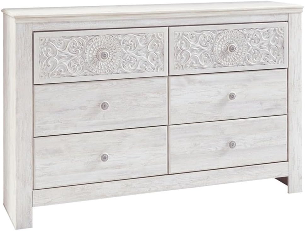 Signature Design by Ashley Paxberry 6 Drawer Dresser, Arrives Pre-Assembled, Engineered Wood and Decorative Laminate, Boho Chest of Drawers for Bedroom, Whitewash, 62"W x 16"D x 40"H
