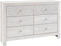 Signature Design by Ashley Paxberry 6 Drawer Dresser, Arrives Pre-Assembled, Engineered Wood and Decorative Laminate, Boho Chest of Drawers for Bedroom, Whitewash, 62"W x 16"D x 40"H