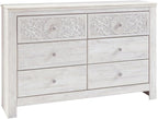 Signature Design by Ashley Paxberry 6 Drawer Dresser, Arrives Pre-Assembled, Engineered Wood and Decorative Laminate, Boho Chest of Drawers for Bedroom, Whitewash, 62"W x 16"D x 40"H