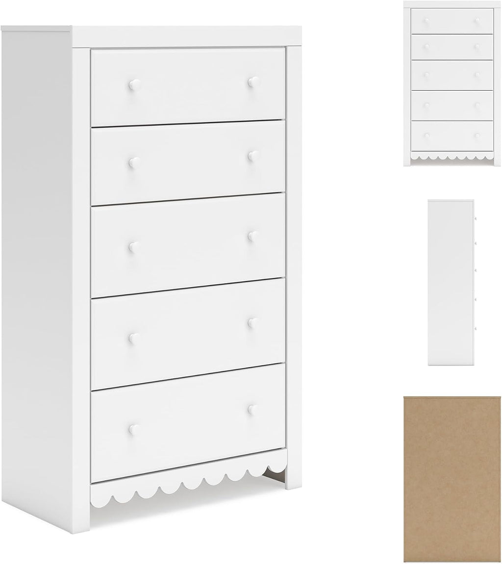Signature Design by Ashley Mollviney White Coastal Dresser, Tall 5 Drawer Chest, Scalloped Girls Dresser, Engineered Wood and Laminate Bedroom Storage, Matte White, 32" W x 55" H