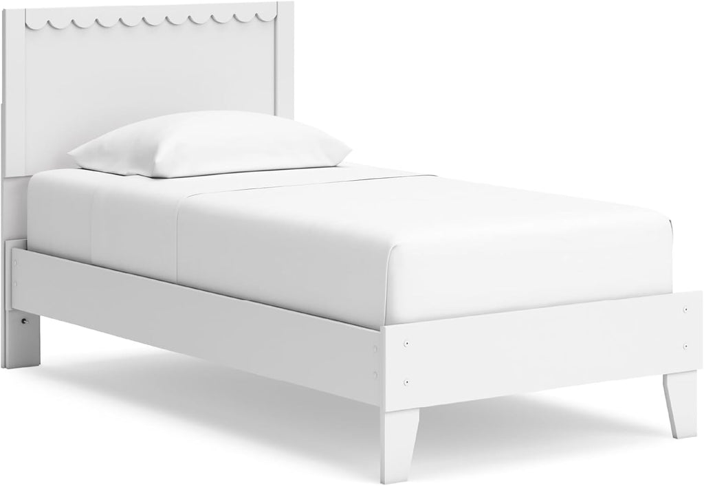Signature Design by Ashley Hallityn Twin Panel Platform Bed, Casual Scalloped Bed Frame, Engineered Wood, for Kids and Youth Bedrooms, Matte White