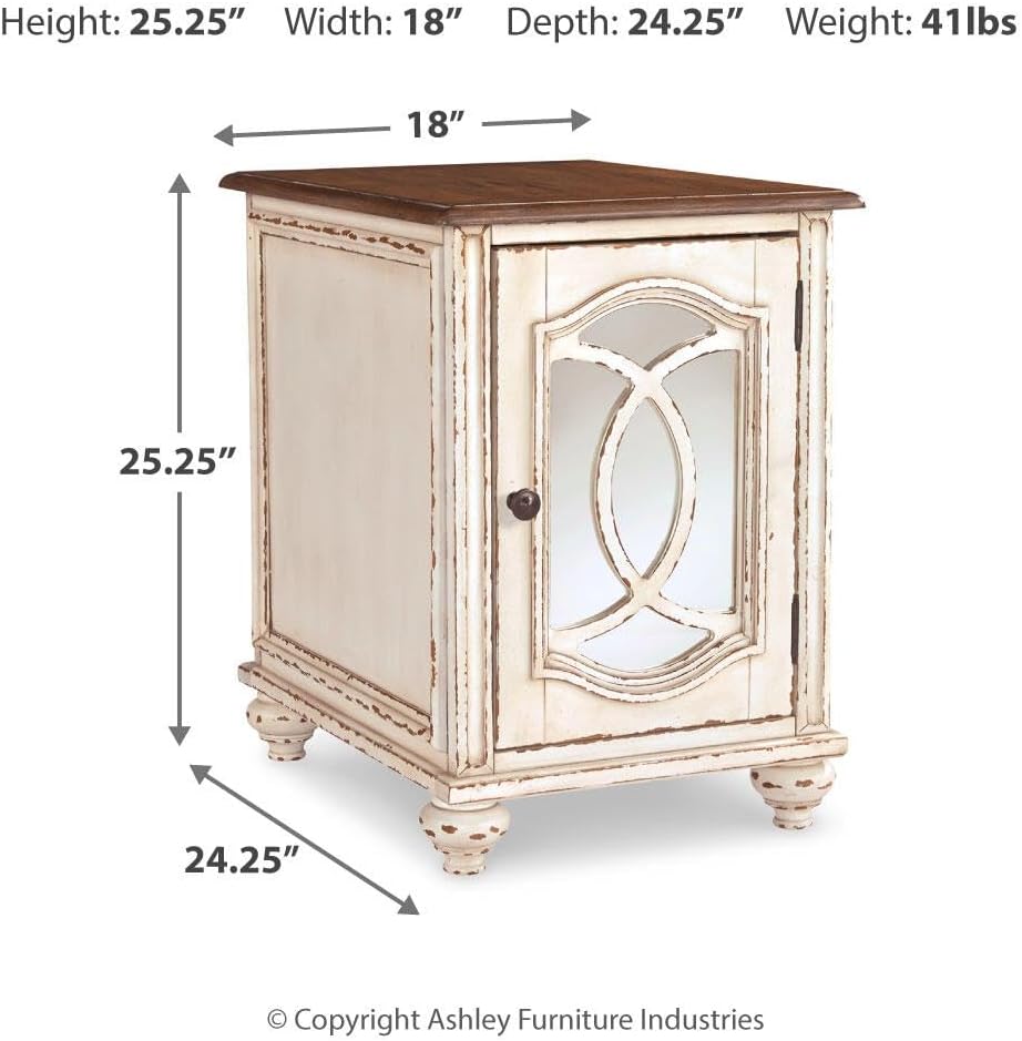 Signature Design by Ashley Realyn Chairside End Table, Living Room Side Table, Antique Two-Tone Mirrored Door, Ash Veneer, Wood and Engineered Wood, White/Brown, 18"W x 24"D x 25"H