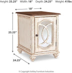Signature Design by Ashley Realyn Chairside End Table, Living Room Side Table, Antique Two-Tone Mirrored Door, Ash Veneer, Wood and Engineered Wood, White/Brown, 18"W x 24"D x 25"H