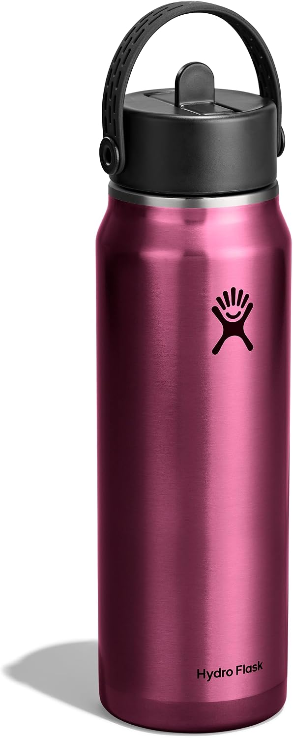 Hydro Flask 32 Oz Lightweight Wide Straw Lid - Insulated Stainless Steel Water Bottle - Hiking, Commuting Garnet Red