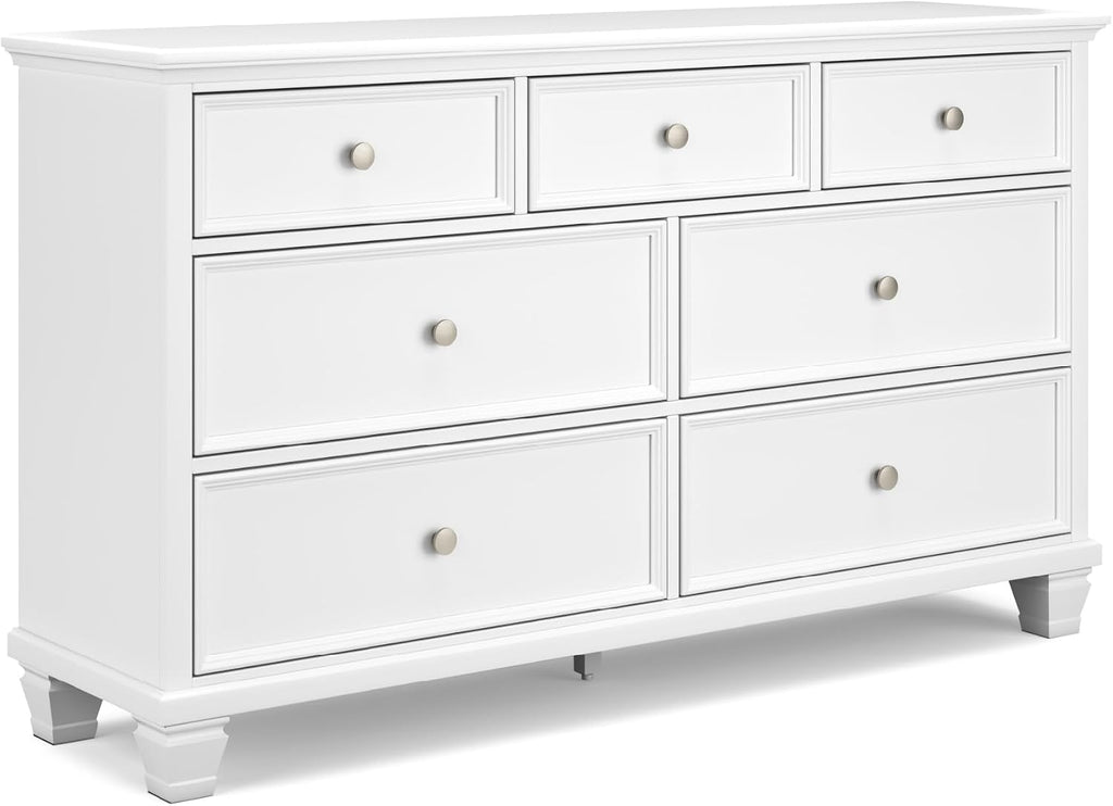 Signature Design by Ashley Fortman Casual Dresser with 7 Storage Drawers and Tapered Feet, Round Metal Knobs" Satin Nickel-tone, Wood, 36" High, White