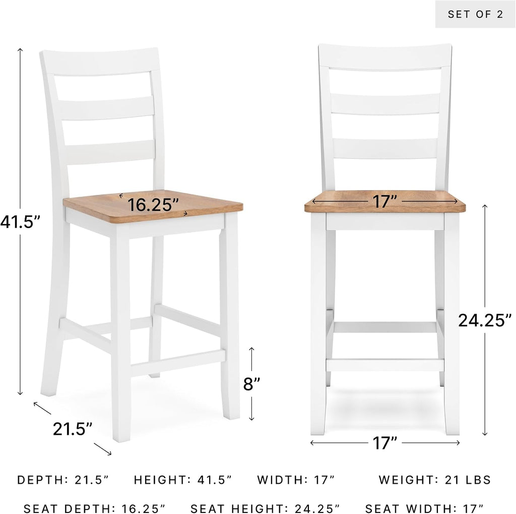 Signature Design by Ashley Gesthaven Counter Height Bar Stool, Set of 2, 24.25" Stools with Ladder Back, Solid Wood Frame, Contoured Mango Wood Veneer Seat, Kitchen Island Dining, Natural and White