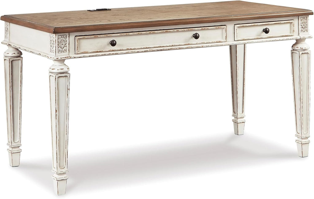 Signature Design by Ashley Realyn Lift Top Desk, Standing Workstation with Built-In USB Outlets, Traditional Cottage Style for Home Offices, 60" W x 28" D x 31" H, White & Light Brown