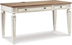 Signature Design by Ashley Realyn Lift Top Desk, Standing Workstation with Built-In USB Outlets, Traditional Cottage Style for Home Offices, 60" W x 28" D x 31" H, White & Light Brown