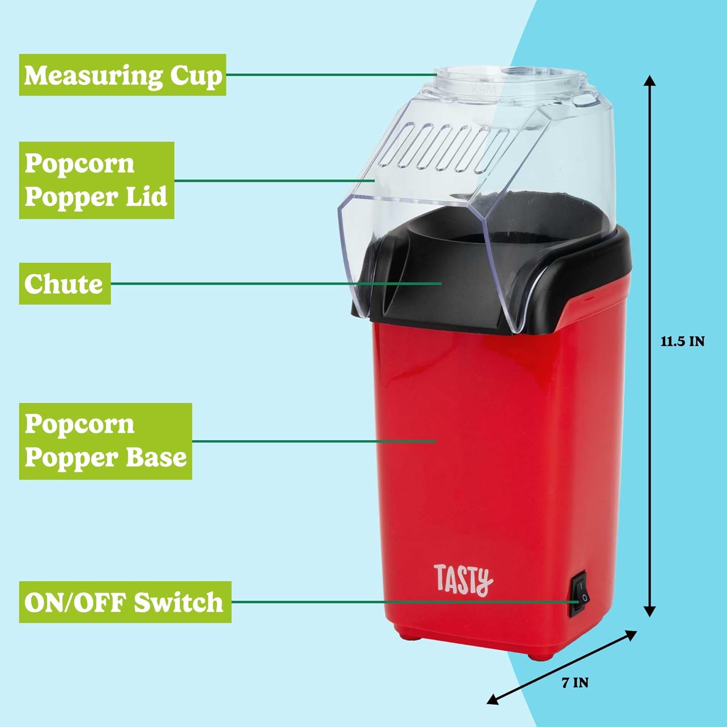 Tasty Hot Air Popcorn Popper, Healthy and Delicious Popcorn in Minutes, Fast and Easy-to-Use, Built-In Measuring Cup and Butter Warmer, 8 Cups, Red