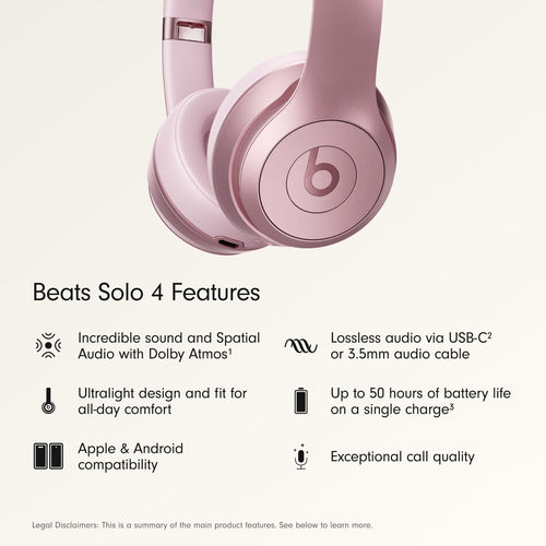 Beats Solo 4 - سماعات رأس لاسلكية بلوتوث فوق الأذن، عمر بطارية يصل إلى 50 ساعة، راحة فائقة الخفة، صوت قوي ومتوازن، متوافقة مع Apple و Android - لون وردي معدني حصري لأمازون