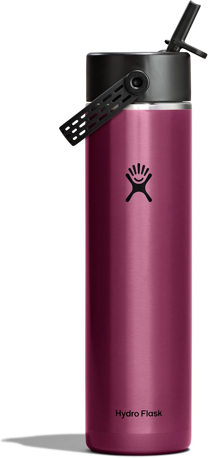 Hydro Flask 24 Oz Lightweight Wide Straw Lid - Insulated Stainless Steel Water Bottle - Hiking, Commuting Garnet Red