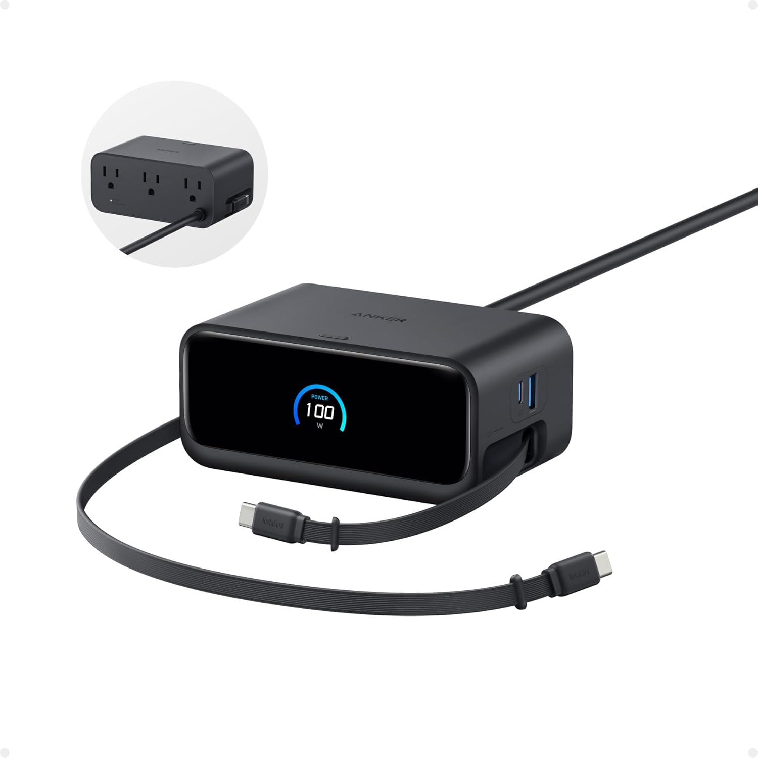 Anker Nano Charging Station, 100W 7-in-1 Power Strip, Retractable Charger | 2.3ft InstaCord Cable, Gaming Desk Accessories for Multiple Devices, 3 AC, 3 USB C, 1 USB A, MacBook Charger, Home Office