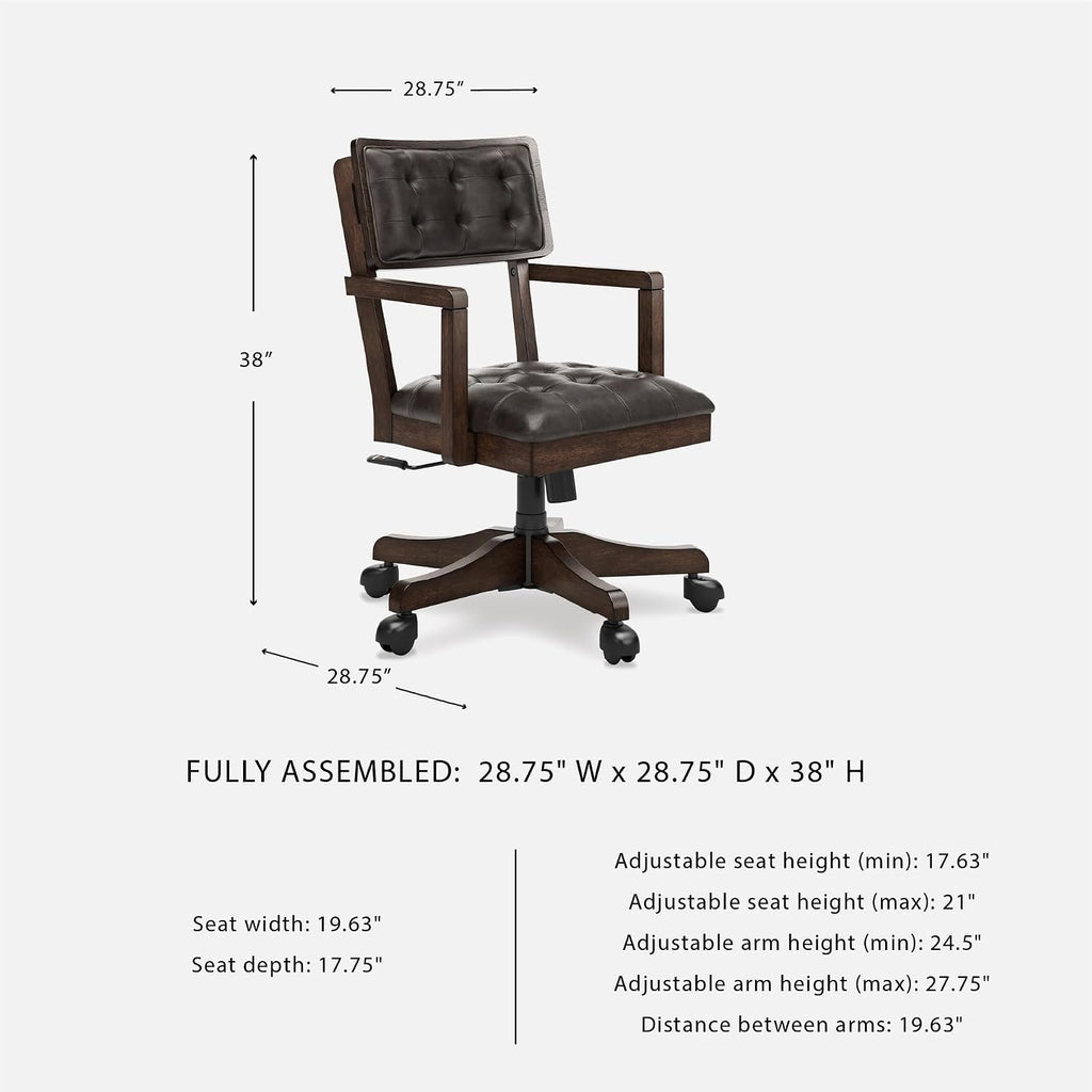 Signature Design by Ashley Breckington Contemporary Faux Leather Tufted Home Office Desk Chair with Adjustable Height and Casters, Solid Wood, 28.75" W x 28.75" D x 38" H, Dark Brown