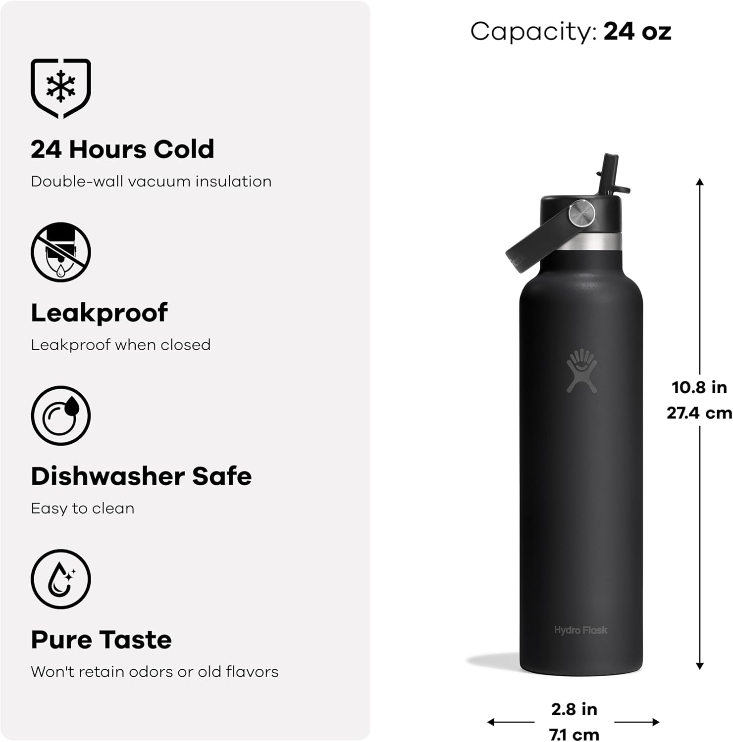 Hydro Flask Water Bottle - Insulated Stainless Steel - Straw Lid, Non Spill, Leakproof in 24 Oz Shale Gray