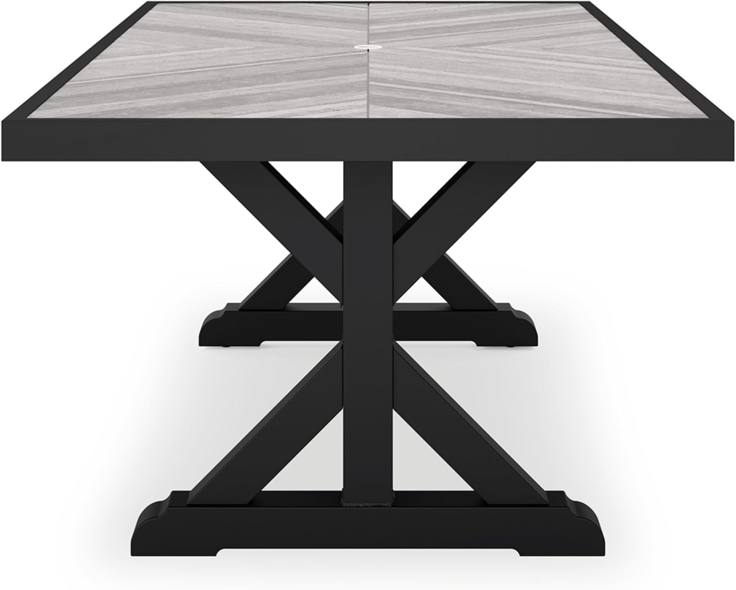 Signature Design by Ashley Beachcroft Outdoor Dining Table, Rust-Resistant Farmhouse Design with Porcelain Tabletop and Umbrella Hole, for Patio Entertaining, Black/Light Gray, 84-Inch