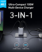 Anker Prime 100W 3-Port GaN USB C Charger Block, Fast Foldable Wall Charger | Fast Charging Wall Charger, Foldable and Compact for MacBook, iPad, iPhone 17 Series, Galaxy S24/S23, and More